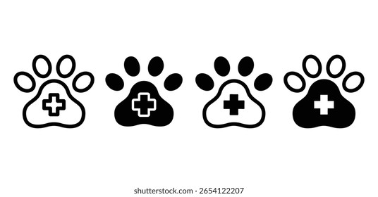 Ícones de impressão de pata de veterinário de emergência preto e branco e desenhos de vetor sólido 