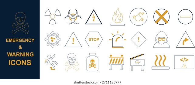 Conjunto de iconos de emergencia y advertencia, símbolos de peligro de dos tonos, señales de seguridad, paquete de esquema de alerta y precaución