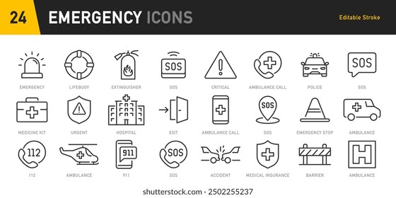 Iconos web de emergencia en estilo de línea. Evacuación, llamada de emergencia SOS, ambulancia, ayuda, línea directa de emergencia, salida, colección. Ilustración vectorial.	