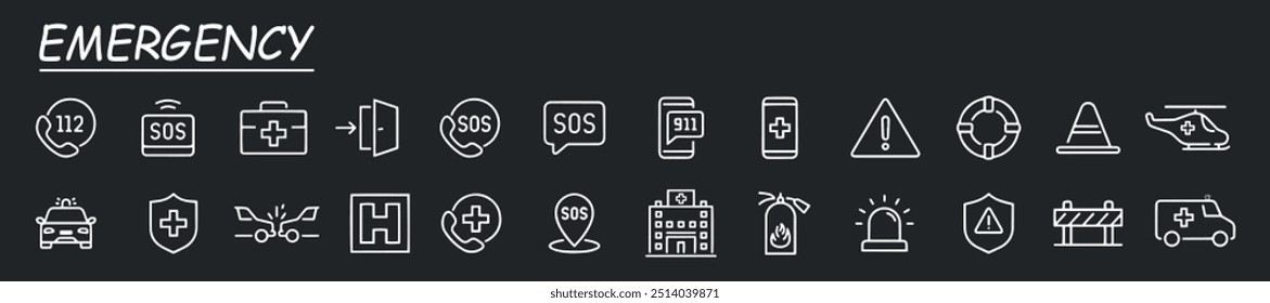 Emergency web icons in line style. Evacuation, SOS emergency call, ambulance, help, emergency hotline, exit, collection. Vector illustration.