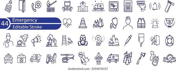 Emergency web icons in line style. Evacuation, SOS emergency call, ambulance, help, emergency hotline, exit, collection.