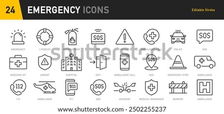 Emergency web icons in line style. Evacuation, SOS emergency call, ambulance, help, emergency hotline, exit, collection. Vector illustration.	