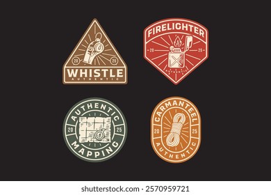 emergency whistle with compass, fire lighter with jerrycan, old map, hank of ropes retro badge logo vector design collection set for adventure, explorer, mountaineer, hiker and climber