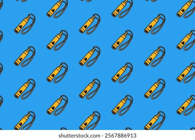 emergency whistle with hanger colorful doodle seamless pattern on blue background. retro whistle accessory background. outdoor whistle pattern wallpaper. pattern background with whistle for adventure