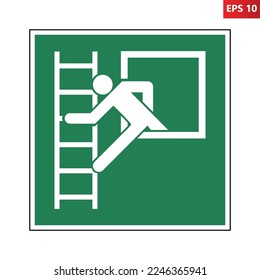 Emergency window with escape ladder sign. Vector illustration of green square sign with man climbing out window on ladder. Location of emergency window for escape with permanently fixed escape ladder.