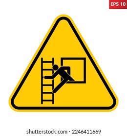 Emergency window with escape ladder sign. Illustration of yellow triangle sign with man climbing out window on ladder. Location of emergency window for escape with permanently fixed escape ladder.