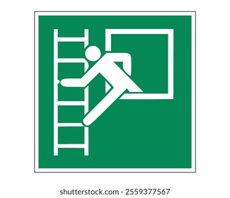 Emergency Window with Escape Ladder Sign Featuring a Green Background with White Pictogram of Person Climbing Out of Window, Available as a Vector File, ISO 7010 E016