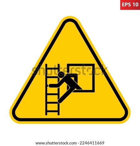 Emergency window with escape ladder sign. Illustration of yellow triangle sign with man climbing out window on ladder. Location of emergency window for escape with permanently fixed escape ladder.