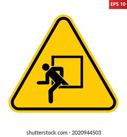 Emergency window warning sign. Vector illustration of yellow triangle sign with man leaving building through window. Rescue window symbol isolated on white background. Safety exit.