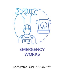 Symbol für "Emergency Work Blue Concept". Dringende Reparatur. Mechanische Wartung. Risikoregulierung. Reparieren von Maschinen. Ingenieurunterstützung Idee dünne Linie Illustration. Vektorillustration einzeln Umriss-RGB-Farbzeichnung