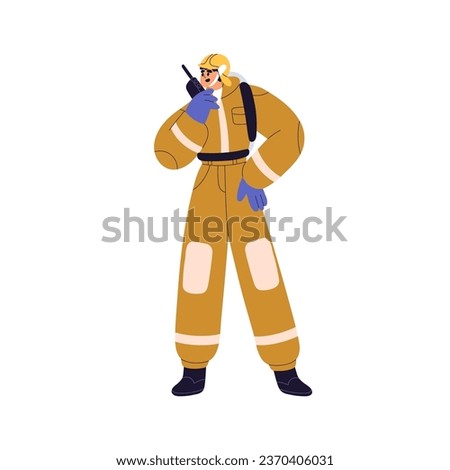 Emergency worker calling for help, informing, reporting alarm with walkie-talkie. Firefighter using radio signal for communication. Flat graphic vector illustration isolated on white background