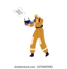 Emergency worker using copter for firefighting, fire detecting. Firefighter searching, locating danger with equipment. Fireman managing drone. Flat vector illustration isolated on white background