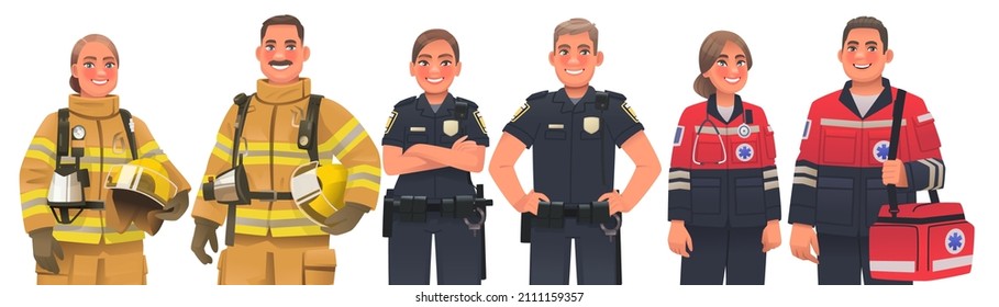 Emergency workers. Men and women firefighters, police officers and ambulance paramedics. Vector illustration in cartoon style