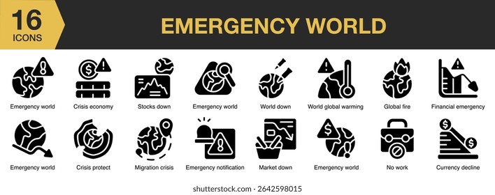 Emergency World solid icon set. Includes economy, warming, protect, crisis, down, stocks, and More. Solid icons vector collection.