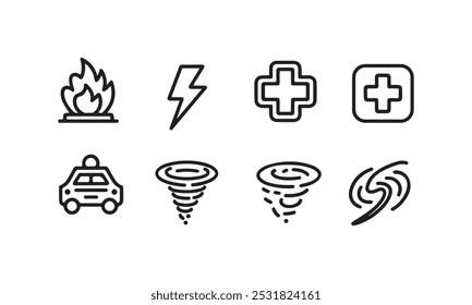 Emergency-Related Symbols: Black and White Vector Line Icon Set Featuring Fire, Police Car, Medical Cross, Tornado, Hurricane, and Lightning Bolt