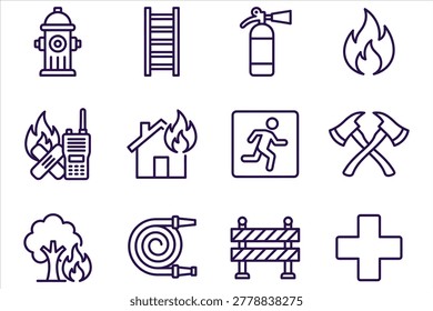 Emergencyresponse iconset collection featuring fire safety symbols including firehydrant ladder fireextinguisher flames phonehouse evacuation sign hammer tree firetarget barricade medicalcross all in clean