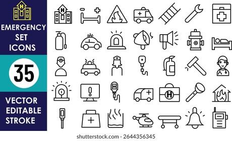 Conjunto de ícones temático de emergência com 35 ícones de linha preta: ambulância, hidrante de incêndio, maca, enfermeira, hospital, alarme, megafone, extintor de incêndio, helicóptero, médico, sino