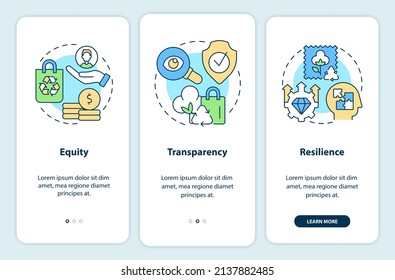 Emergent properties onboarding mobile app screen. Equity and resilience walkthrough 3 steps graphic instructions pages with linear concepts. UI, UX, GUI template. Myriad Pro-Bold, Regular fonts used
