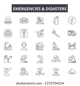 Emergincies and disasters line icons, signs, vector set, outline illustration concept 