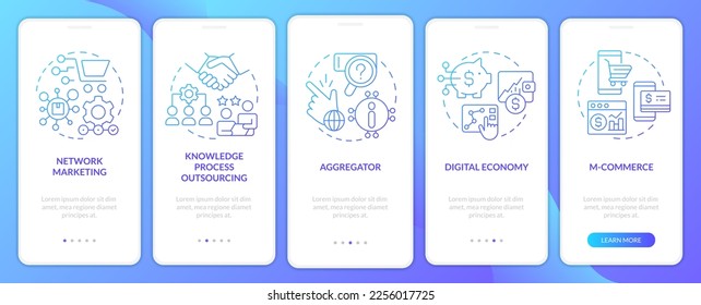 Emerging business trends blue gradient onboarding mobile app screen. Walkthrough 5 steps graphic instructions with linear concepts. UI, UX, GUI template. Myriad Pro-Bold, Regular fonts used