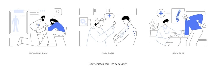 Diagnóstico de condiciones emergentes conjunto de ilustración vectorial de concepto abstracto. Dolor abdominal, erupción cutánea, dolor de espalda, médico primario, problemas digestivos, picor cutáneo, psoriasis metáfora abstracta.