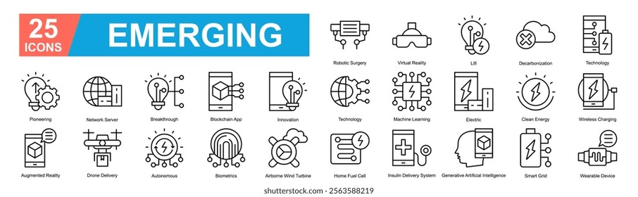 Emerging Icon Sheet Pioneering, Augmented Reality, Robotic Surgery, Network Server, Breakthrough, Blockchain App, Innovation, Technology, Machine Learning, Electric, Clean Energy, Wireless Charging, D