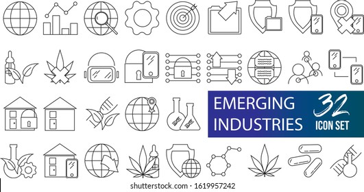 Emerging industries web icon set with thin line strokes, includes cbd oil, home automation, data security, and genetic engineering 