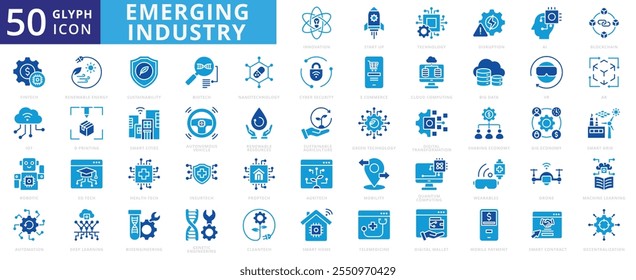 Emerging industry icon set of fintech, ai, technology, innovation, cloud computing, sustainable, cyber security, big data, drone, e-commerce, blockchain, automação, vr, iot, energias renováveis