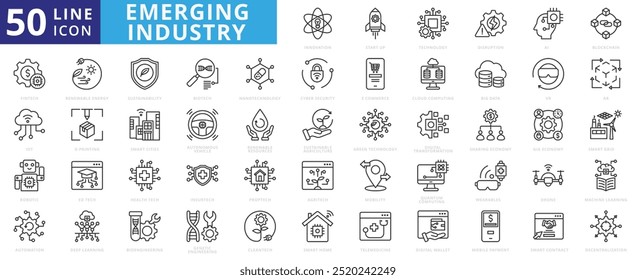 Emerging industry icon set with start up, technology, disruption, ai, blockchain, fintech, iot, robotic, automation and renewable energy.