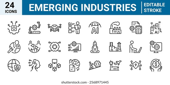 Emerging industry web line icon set. start up, technology, disruption, ai, blockchain, fintech, iot, robotic, automation and renewable energy.