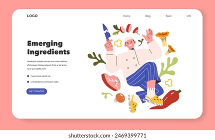 Emerging Ingredients concept. A cheerful chef juggles new culinary elements, promoting novel flavors. Cooking innovation, gastronomy discovery. Vector illustration.