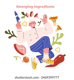 Concepto de Ingredientes emergentes. Un chef presenta nuevos componentes culinarios con entusiasmo en medio de vibrantes verduras y especias. Innovación culinaria, exploración gastronómica, inspiración de la cocina creativa