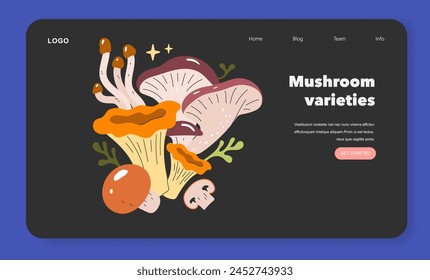 Emerging Ingredients concept. Diverse types of mushrooms presented on a website banner, inspiring culinary exploration. Vector illustration.