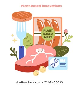 In: Emerging Ingredients concept. Innovation bei pflanzlichen Fleischersatzprodukten, die mit wissenschaftlichen und naturwissenschaftlichen Elemente betont werden. In: Food Technology Evolution. Vektorillustration.