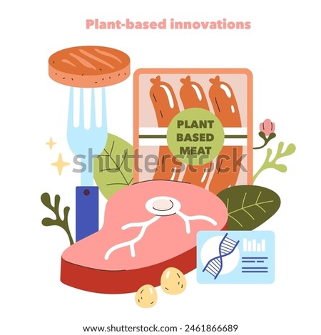 Emerging Ingredients concept. Innovation in plant-based meat substitutes emphasized with science and nature elements. Food technology evolution. Vector illustration.