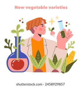 Emerging Ingredients concept. Researcher analyzing new vegetable varieties with test tube and botanical elements. Innovation in agriculture and food science. Vector illustration.