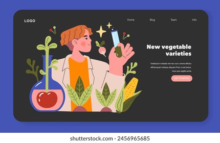 Emerging Ingredients concept. A scientist examines a test tube amid new vegetable varieties, showcasing agricultural innovation. Vector illustration.