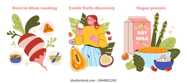 Emerging Ingredients Concept set. A fresh take on whole food utilization, exploring exotic fruits, and incorporating vegan proteins. Celebrating culinary innovation. Vector illustration