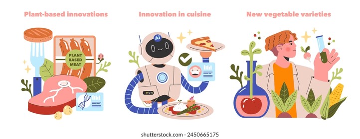 Emerging Ingredients set. Plant-based meat alternatives, AI in cooking, and innovative vegetable breeding. Exploring sustainable food solutions. Vector illustration.