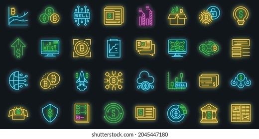 Emerging market icons set. Outline set of emerging market vector icons neon color on black