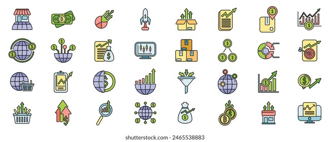 Emerging market icons set outline vector. Payment chart. Fintech platform thin line color flat on white