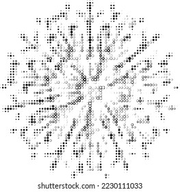 The emerging silhouette of a mandala from circles, rims, balls. Space for copy text, optical effect. Vector.