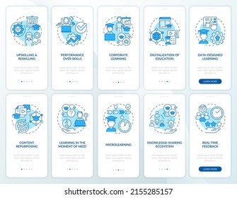 Emerging skills for professionals blue onboarding mobile app screen set. Walkthrough 5 steps graphic instructions pages with linear concepts. UI, UX, GUI template. Myriad Pro-Bold, Regular fonts used