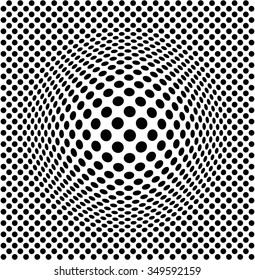 An emerging sphere on a dotted plan, simple optical illusion of a space distortion, black and white.