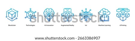 Emerging Tech Frontier web banner icon vector illustration featuring Blockchain, Technologies, AI Innovation, Augmented Reality, IoT, Machine Learning, and 3D Printing.