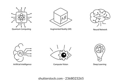 Icono del vector tecnológico emergente: Computación cuántica, realidad aumentada, red neuronal, inteligencia artificial, visión informática y aprendizaje profundo - modelar el futuro en formato escalable