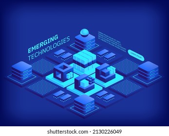 Emerging technologies concept. Abstract cubes shapes design composition. Futuristic digital innovation and cyberspace. Scientific discoveries and high tech. Vector illustration in isometric view