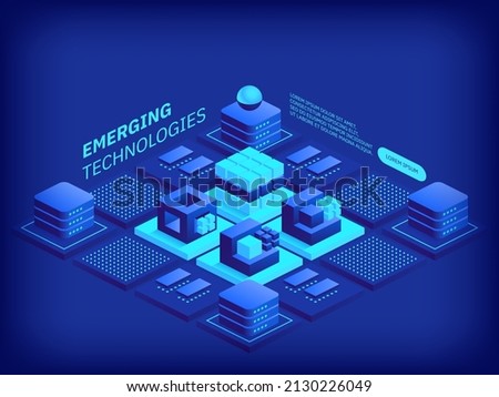 Emerging technologies concept. Abstract cubes shapes design composition. Futuristic digital innovation and cyberspace. Scientific discoveries and high tech. Vector illustration in isometric view