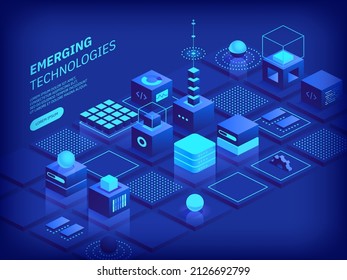 Emerging Technologies Concept. Abstract Futuristic Cubes Design And Different Geometric Shapes. Digital Innovation And Artificial Intelligence. Blockchain Tech. Vector Illustration In Isometric View