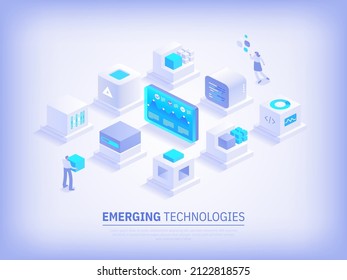 Emerging technologies and Digital innovation concept. Data analysis server room with working people. Cryptocurrency mining farm. Abstract futuristic cubes design. Vector illustration in isometry view